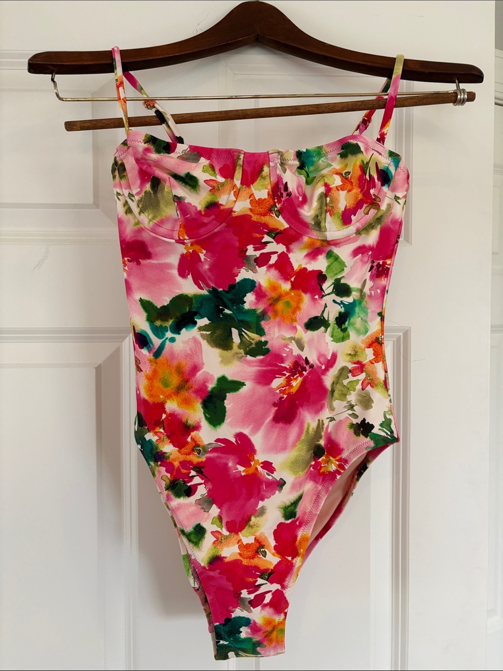 J. Crew Pink Multi Floral One-Piece Swimsuit with Green Accents
